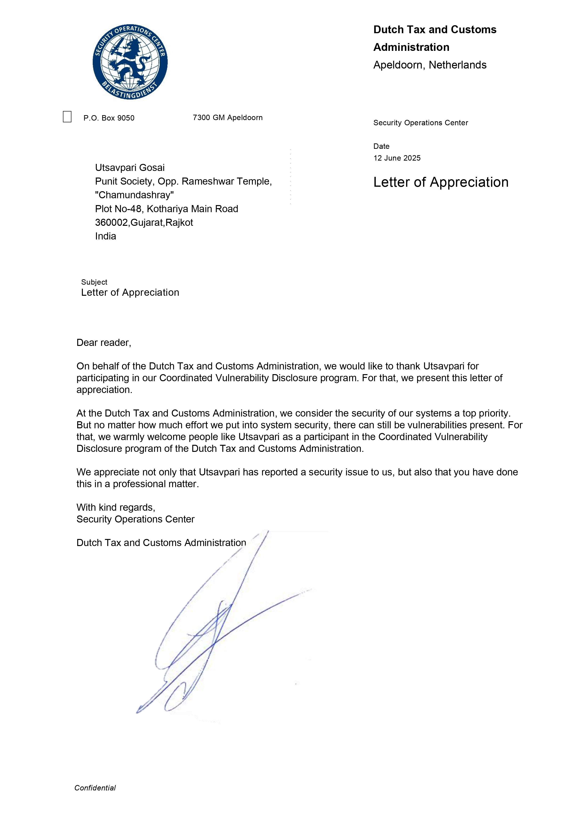 Letter of Appreciation